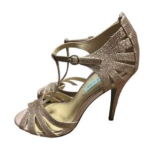 Betsey Johnson champagne sparkle t-strap high heel shoes wedding party prom